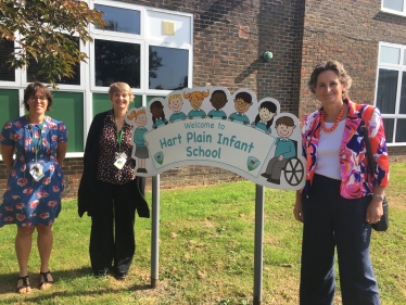 Flick meets Head Teacher, Ruth Kenny, and Deputy Head, Kristin Moth, at Hart Plain Infant School